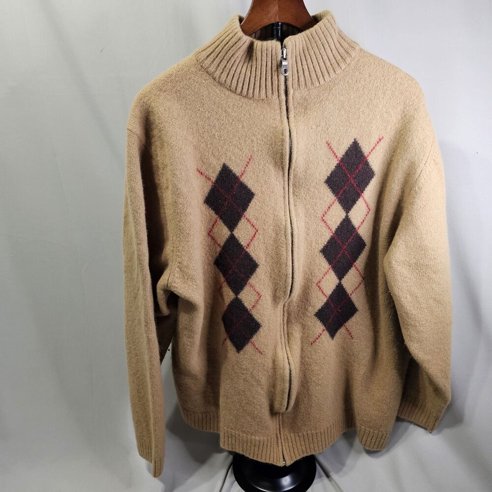 Eddie Bauer Sweater Mens 100% Merino Wool Brown Argyle Zip Mock Neck XXXL TALL